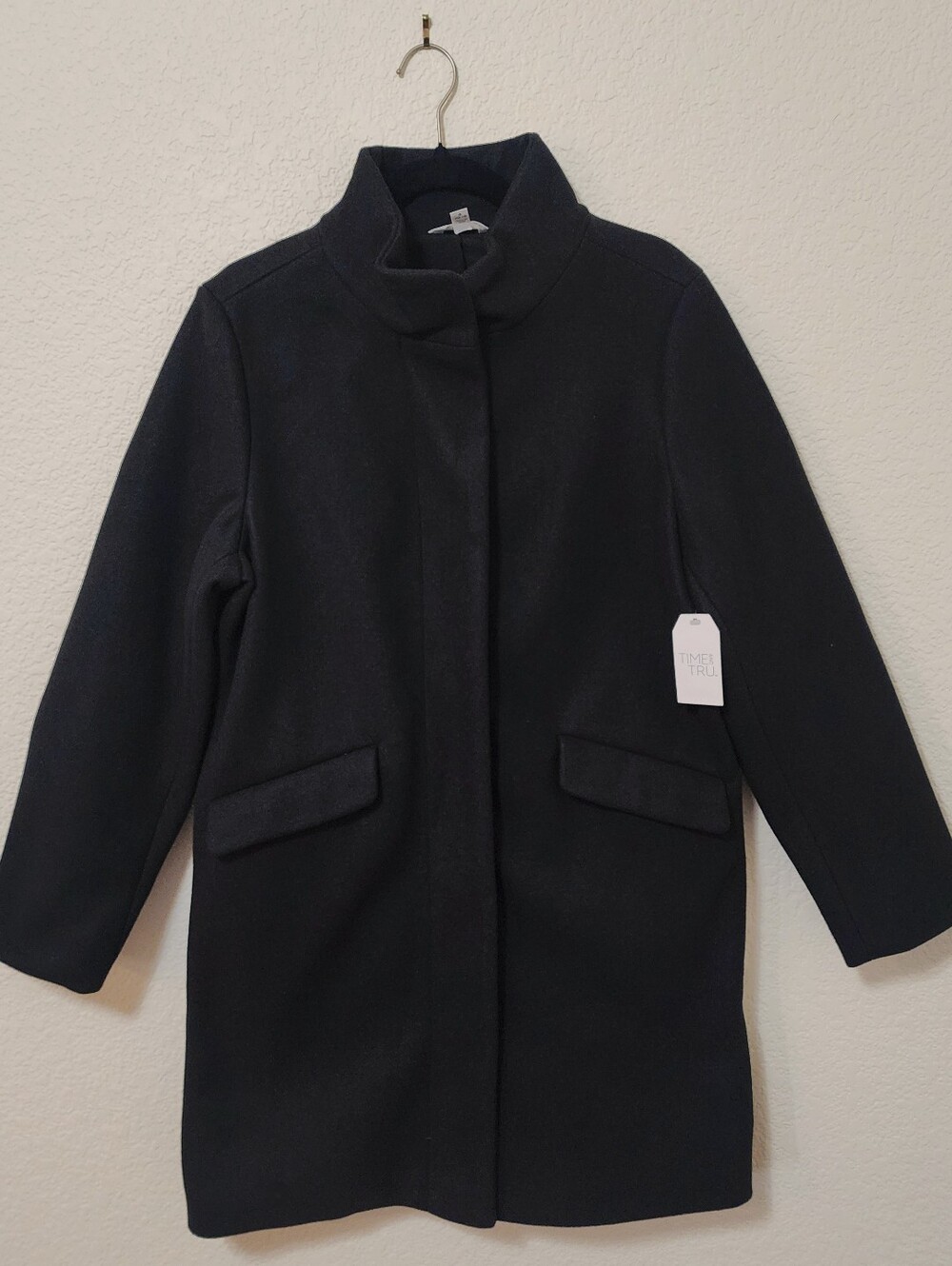 NWT Time and Tru Black Faux Wool Funnel Neck Coat Women’s Large (12-14)